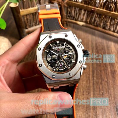 Copy Audemars Piguet Royal Oak Chronograph Silver Bezel Black & Orange Rubber Strap Watch